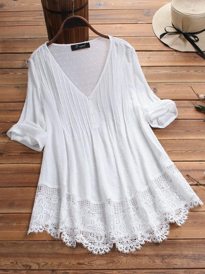 Comfysol Jacquard Pleated Lace Hollow Out V-neck Plus Size Blouse