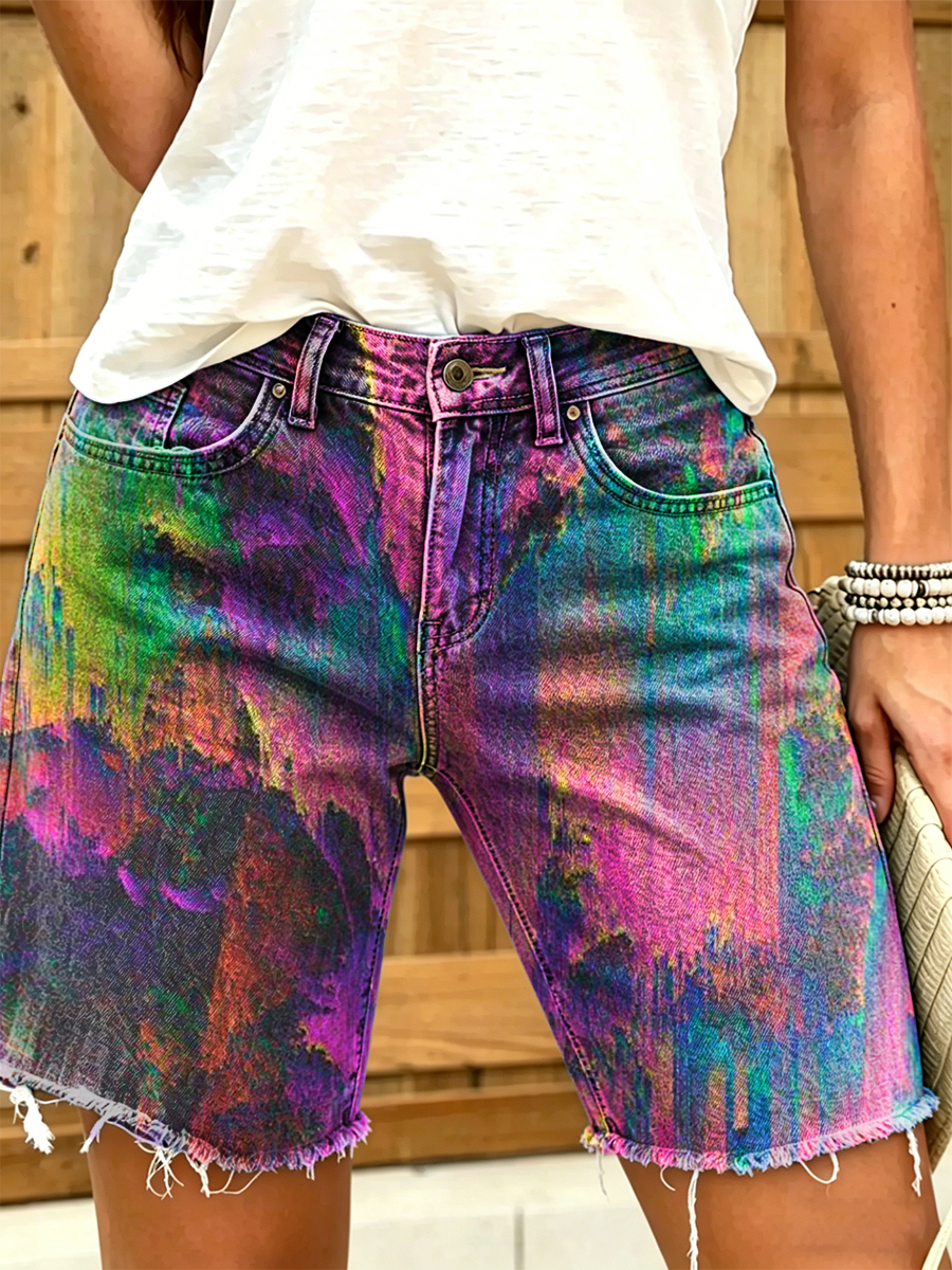 Women's Retro Colorful Art Print Casual Washed Cotton Denim Shorts