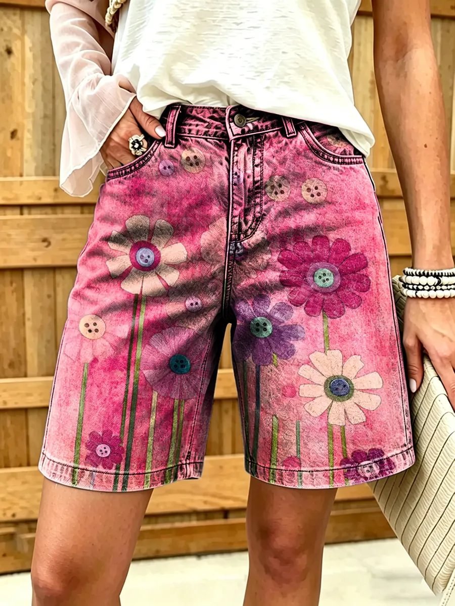 Women's Floral Watercolor Print Cotton Denim Shorts