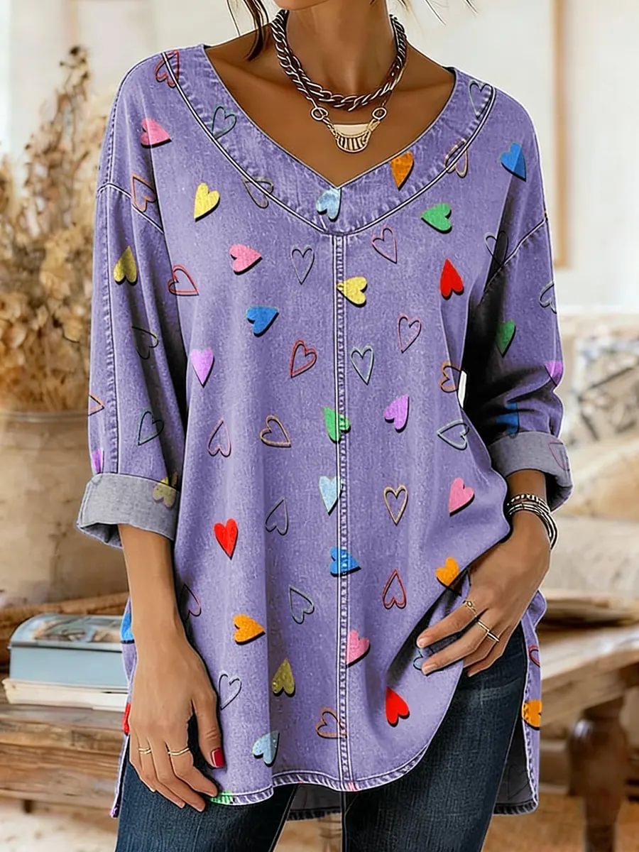 Women's Valentine's Day Heart Shape Art Print Casual Washed Denim Cotton Top