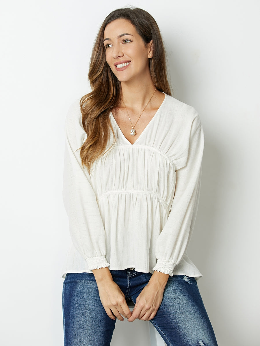 Comfysol Whitegold Solid Ruffles V-neck Long Sleeve Blouse