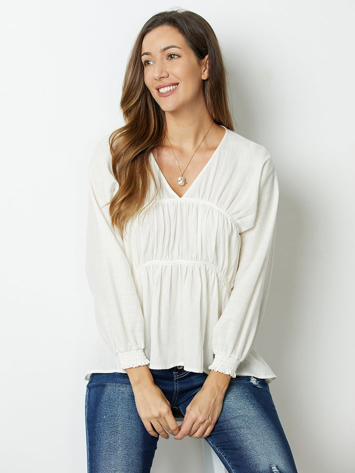 Comfysol Whitegold Solid Ruffles V-neck Long Sleeve Blouse
