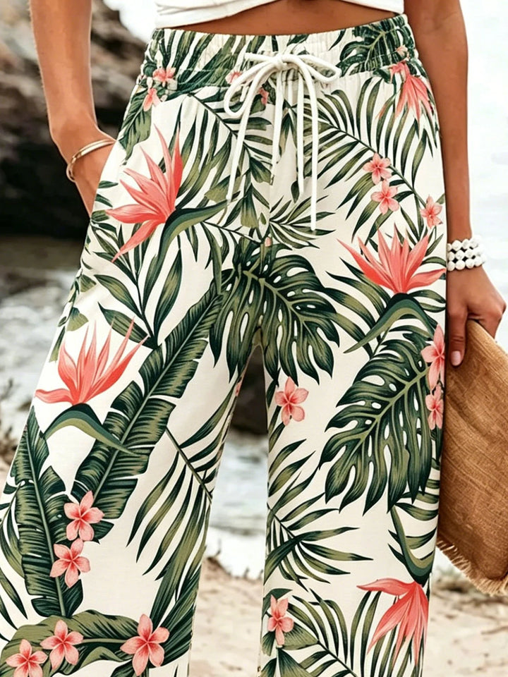 Tropical Leaf Print Drawstring Waist Wide Leg Pants