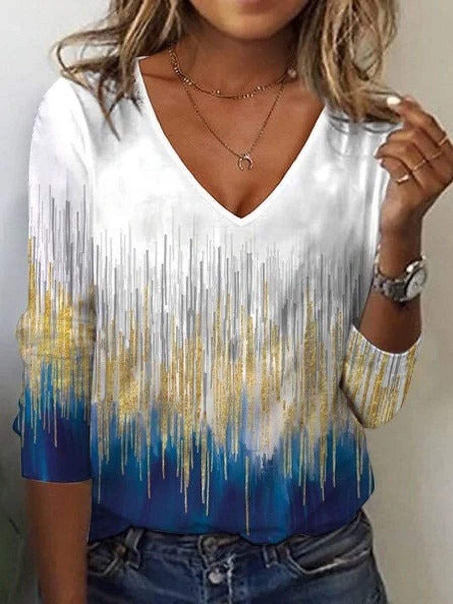 Comfysol Multicolor Casual V Neck Printed Long Sleeve Blouse