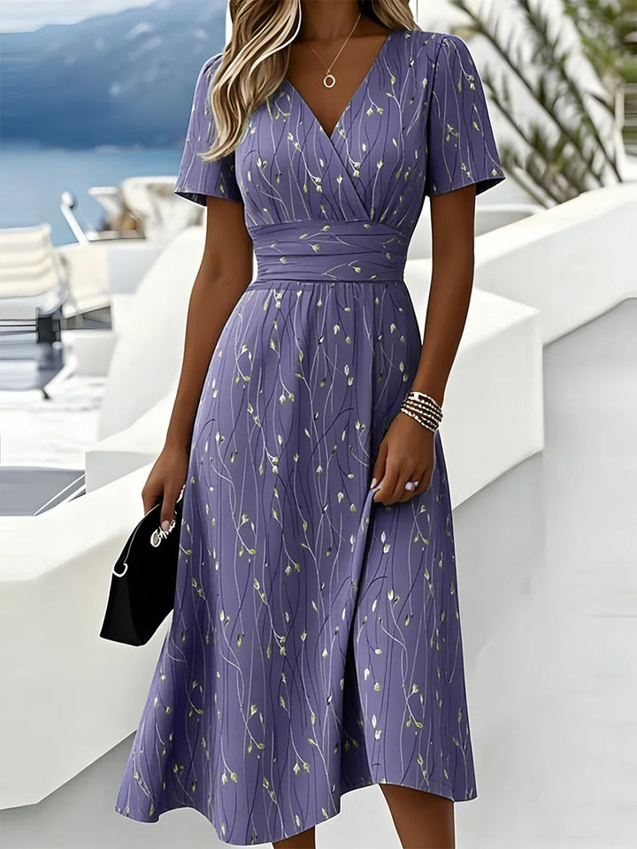Elegant Leaf Print Short Sleeve Beach Dress