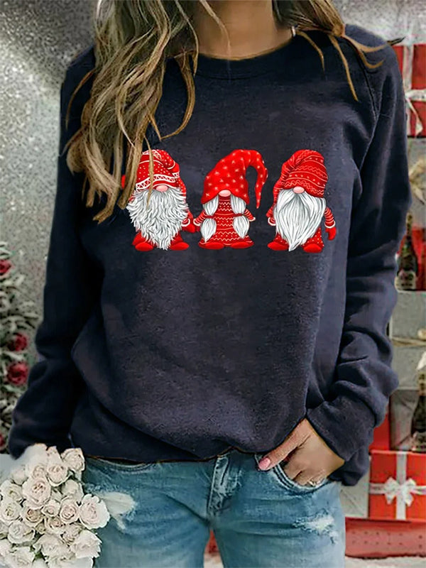 Comfysol Navy Blue Casual Round Neck Long Sleeve Santa Claus Printed Christmas Sweatshirts