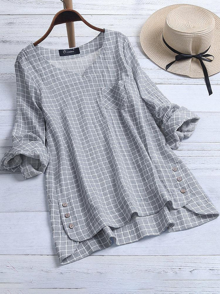 Comfysol Casual Plaid Irregular Hem Button Plus Size Blouse
