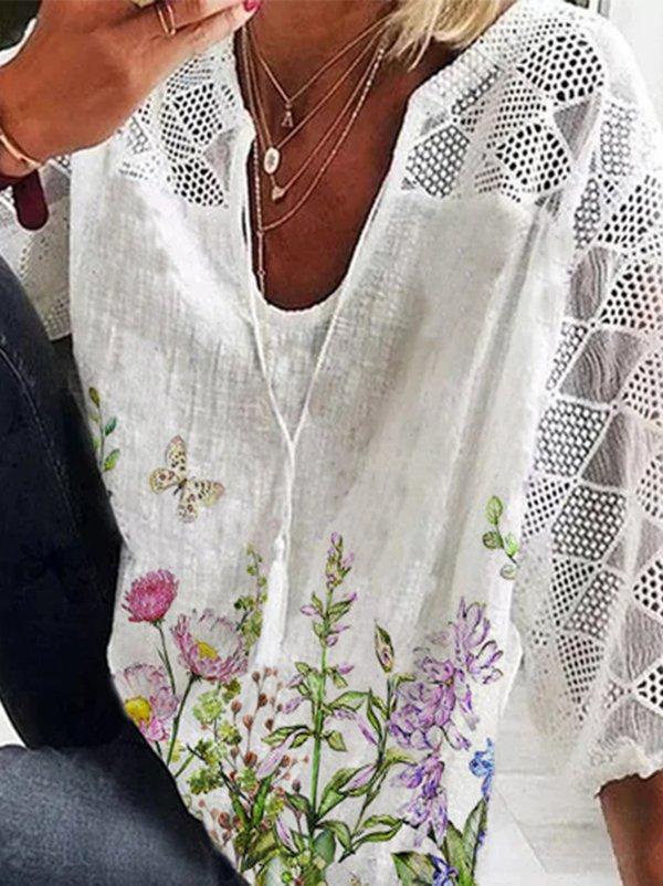 Comfysol Floral Print Casual V Neck 3/4 Sleeve Blouse
