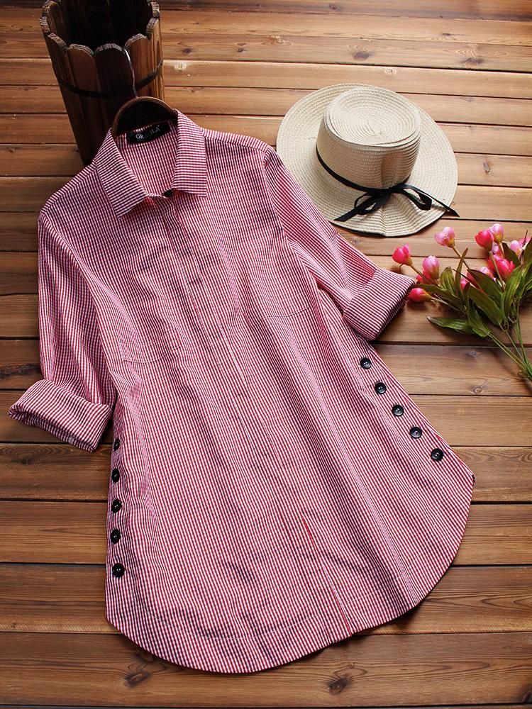 Comfysol Casual Plaid Print Side Buttons Irregular Long Sleeve Blouse