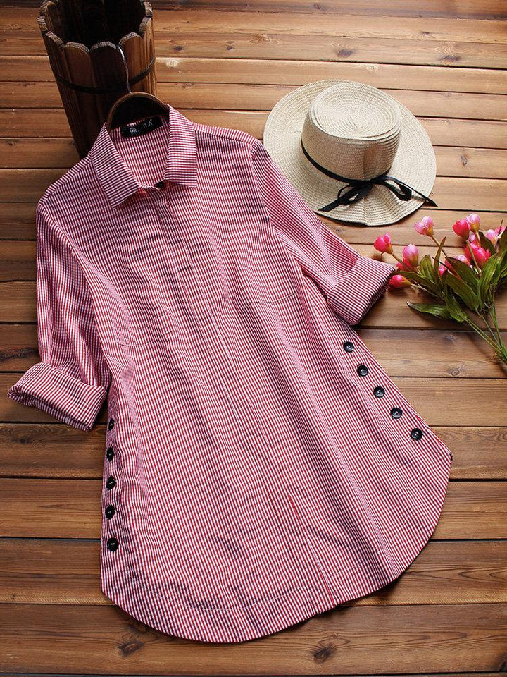 Comfysol Casual Plaid Print Side Buttons Irregular Long Sleeve Blouse