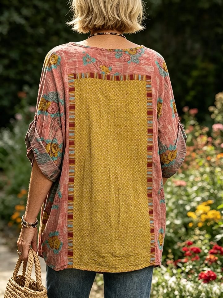 Women's Ethnic Patchwork Floral Print Rolled Sleeve Top