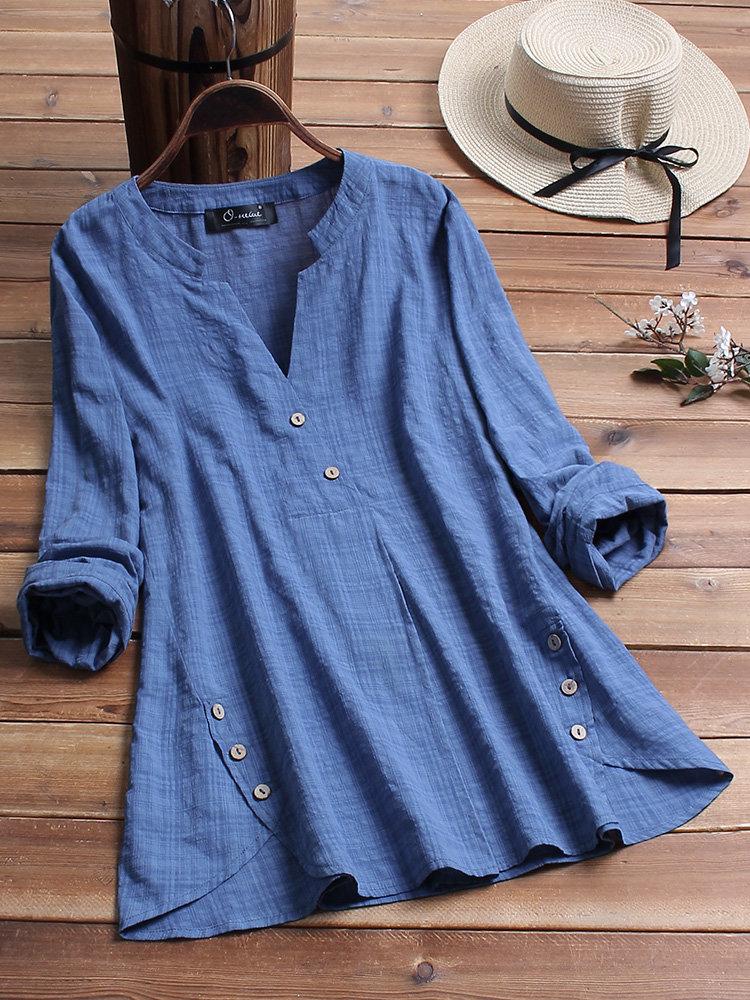 Comfysol Vintage Plaid Side Button V-neck Long Sleeve Blouse
