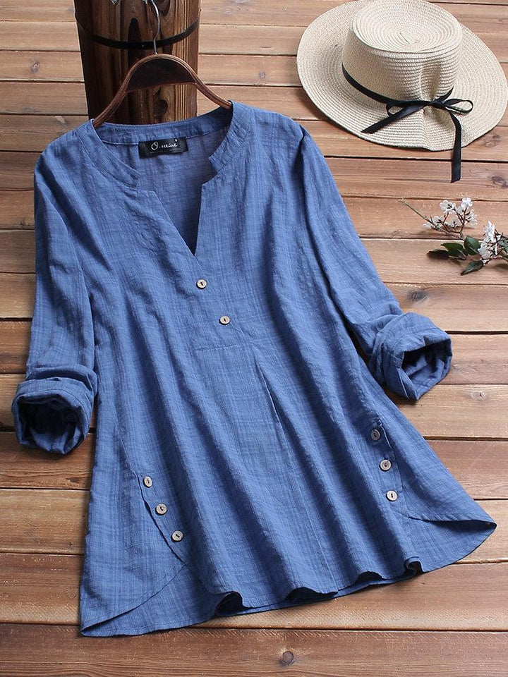 Comfysol Vintage Plaid Side Button V-neck Long Sleeve Blouse