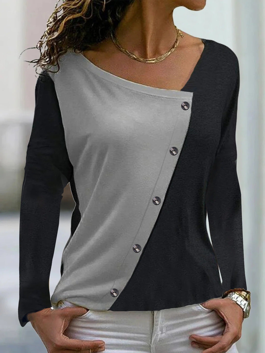 Comfysol Black-grey Casual V Neck Patchwork Long Sleeve Blouse