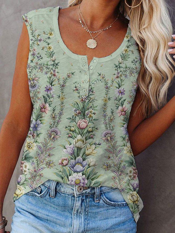 Comfysol Green Floral Printed Round Neck Sleeveless Tank Top