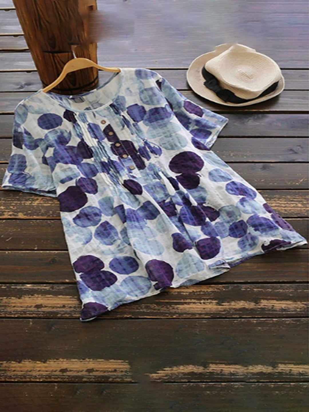 Comfysol Short Sleeve Printed Crew Neck Casual Blouse