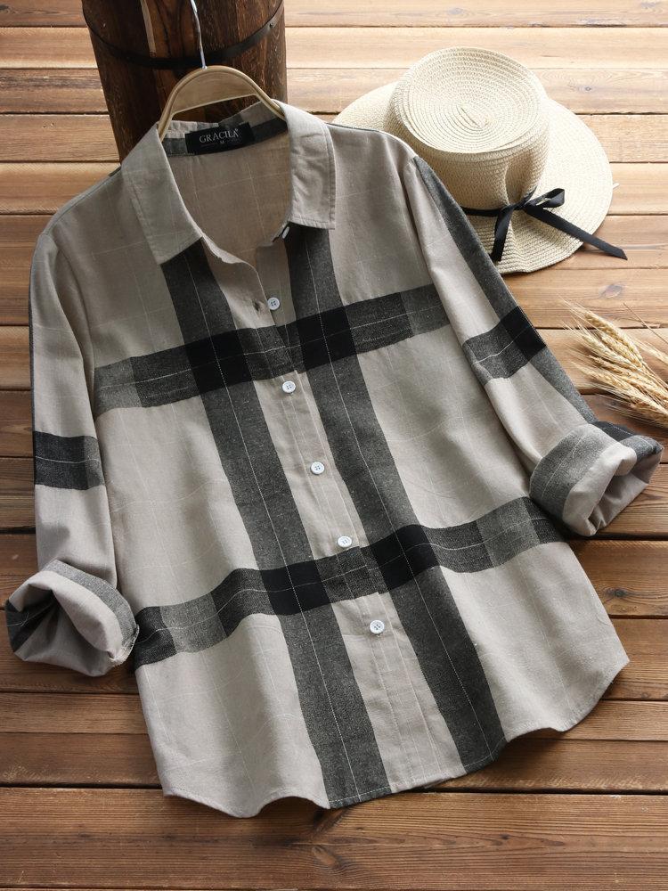 Comfysol Vintage Plaid Long Sleeve Turn-down Collar Shirts