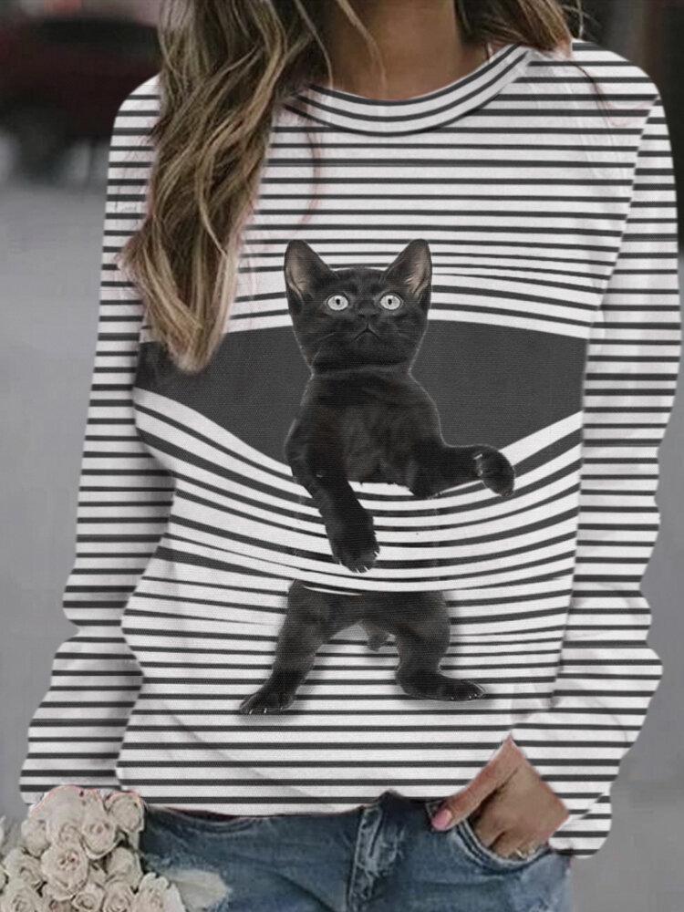 Comfysol Cartoon Cat Print Striped O-neck Long Sleeve Sweatshirt