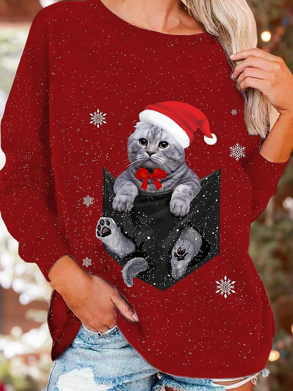 Comfysol Red Casual Graphic Tops Round Neck Long Sleeve Cat Printed Sweatshirts