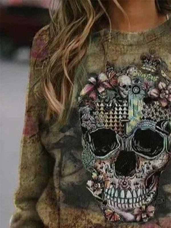 Comfysol Casual Graphic Tops Round Neck Long Sleeve Skull Printed Sweatshirts