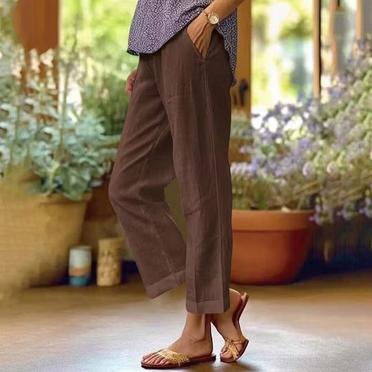 Solid Linen Blend Straight Leg High Waist Casual Pants