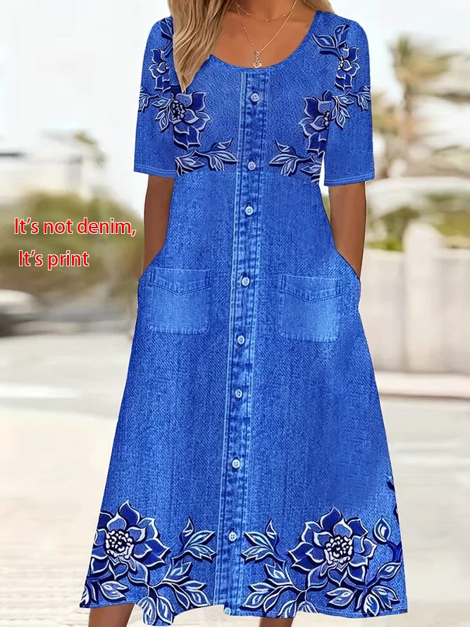 Women Floral Short Sleeve Crew Neck Printing Dress Daily Casual Maxi Shift Dress H-Line Summer Dress