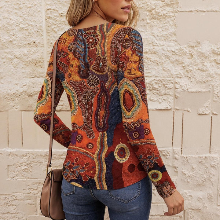 Autumn Aztec Geometric Zippered Long Sleeve Top
