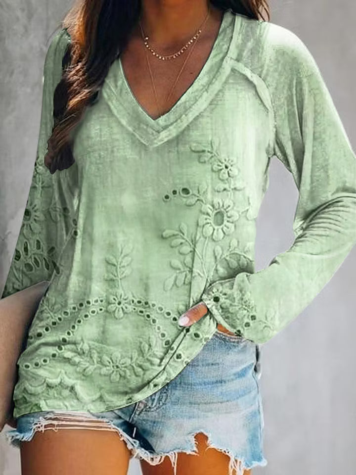 Women's Vintage Floral Texture Art Print V Neck Long Sleeve Tops