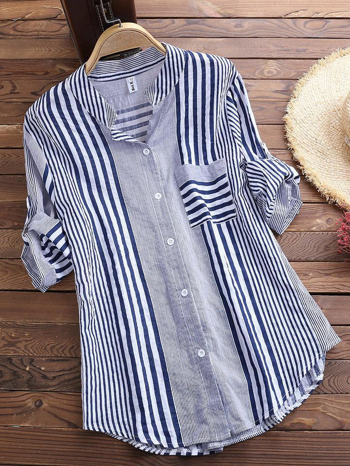 Comfysol Patchwork Stripe Print Stand Collar Irregular Casual Shirts