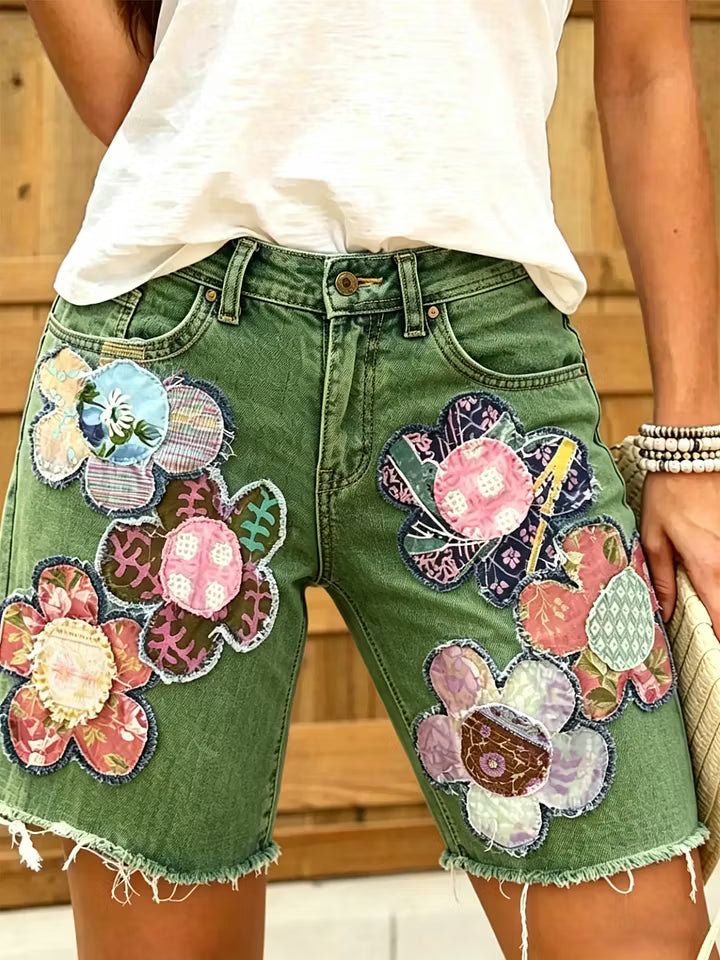 Women Ethnic Floral Print Denim Shorts