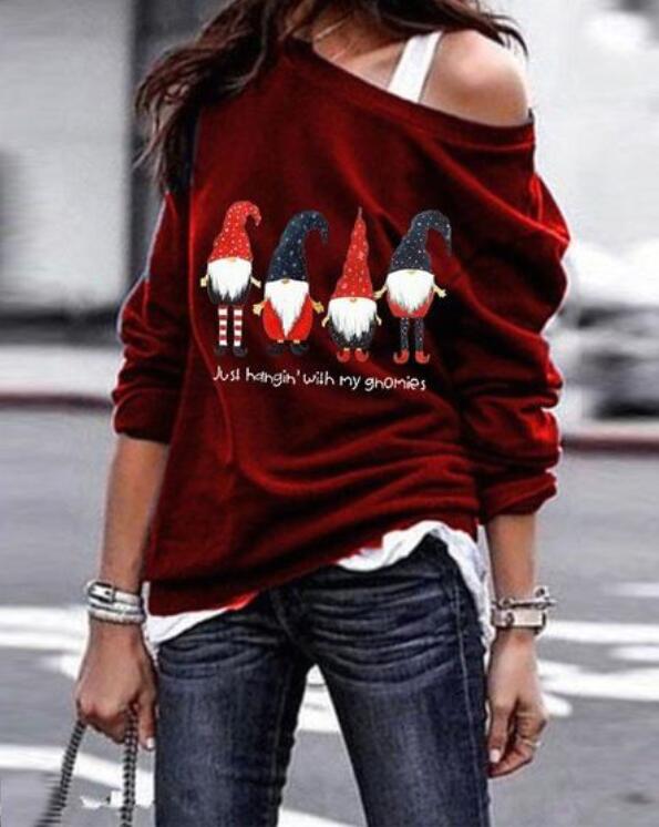Comfysol Santa Printed Long Sleeve Oblique Shoulder Sweatshirt