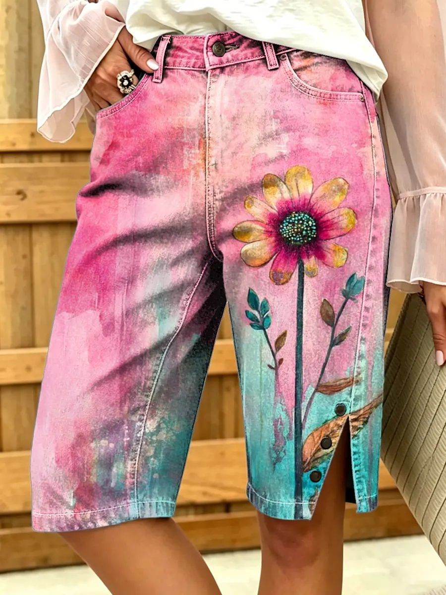 Women's Watercolor Daisy Ombre Print Denim Bermuda Shorts