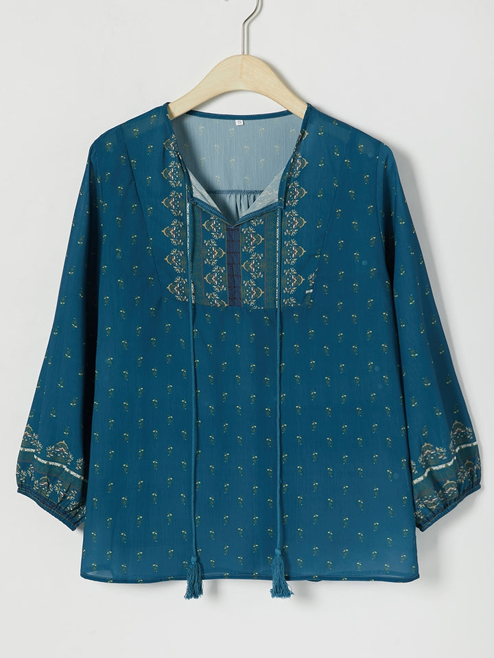 Comfysol Casual V-neck 3/4 Sleeve Boho Border Print Blouse