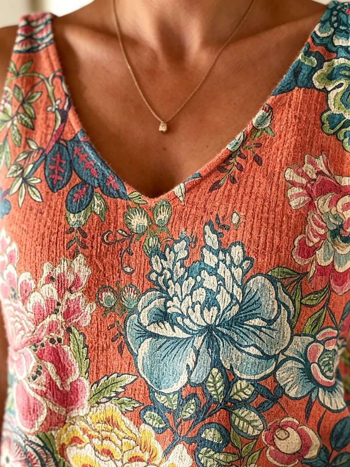 Women's Retro Ethnic Colorful Floral Art Print Casual Sleeveless V-neck Wool Blend Knit Top
