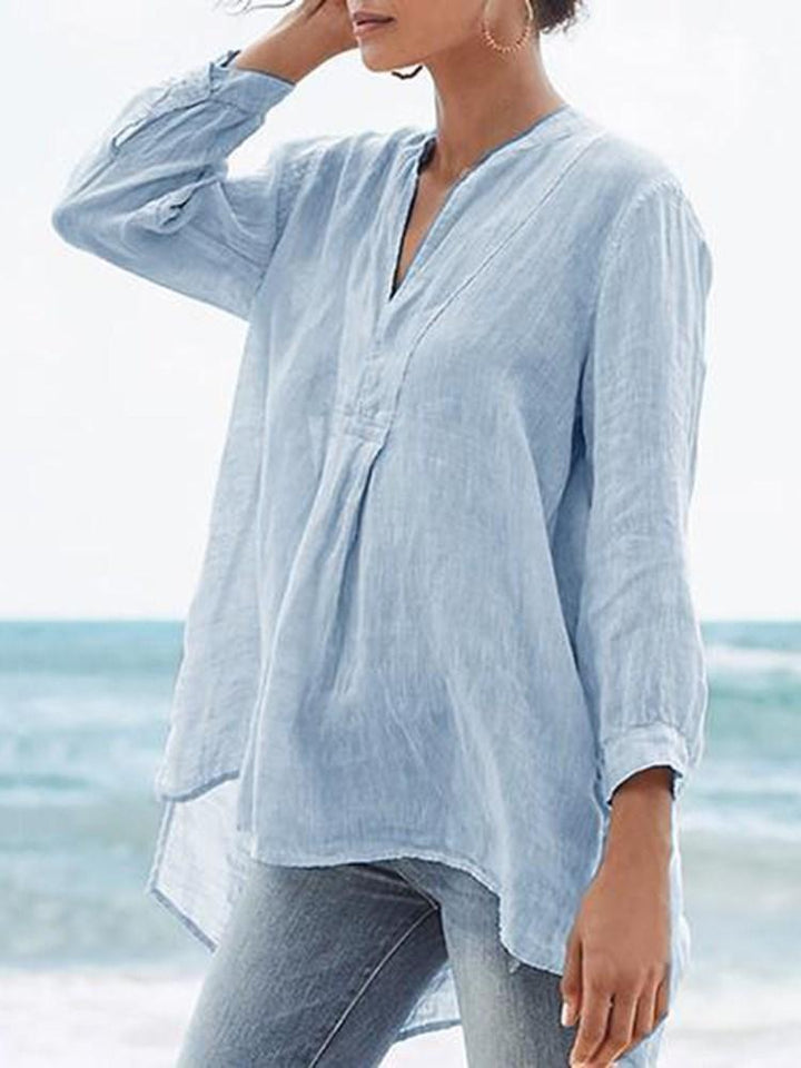 Comfysol Asymmetric Plain V-Neck Mid-Length Nine Points Sleeve Blouse