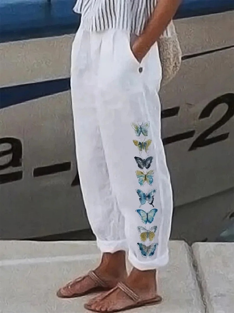 Comfysol White Casual Butterfly Printed Pants