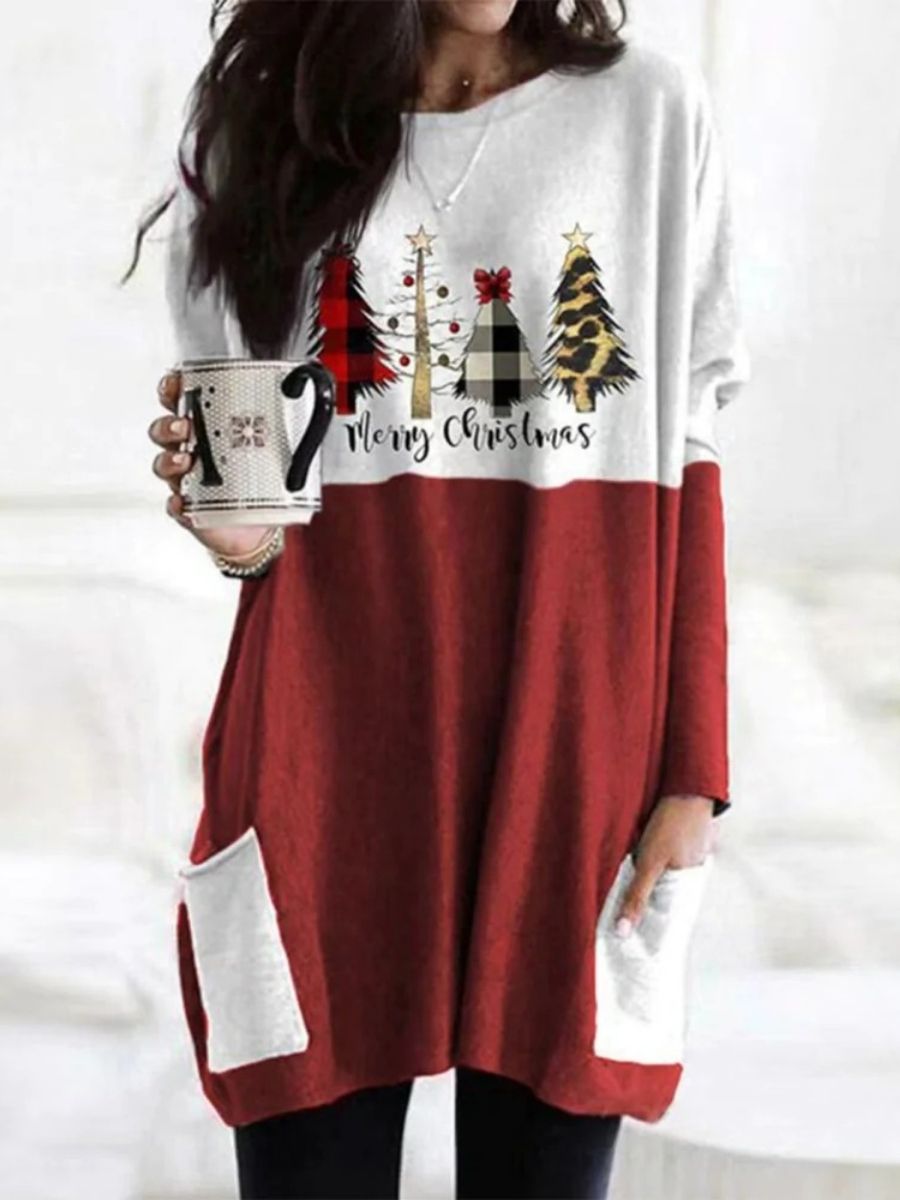 Comfysol Multi Casual Graphic Tops Round Neck Christmas Tree Printed Long Sleeve Xmas Sweatshirts