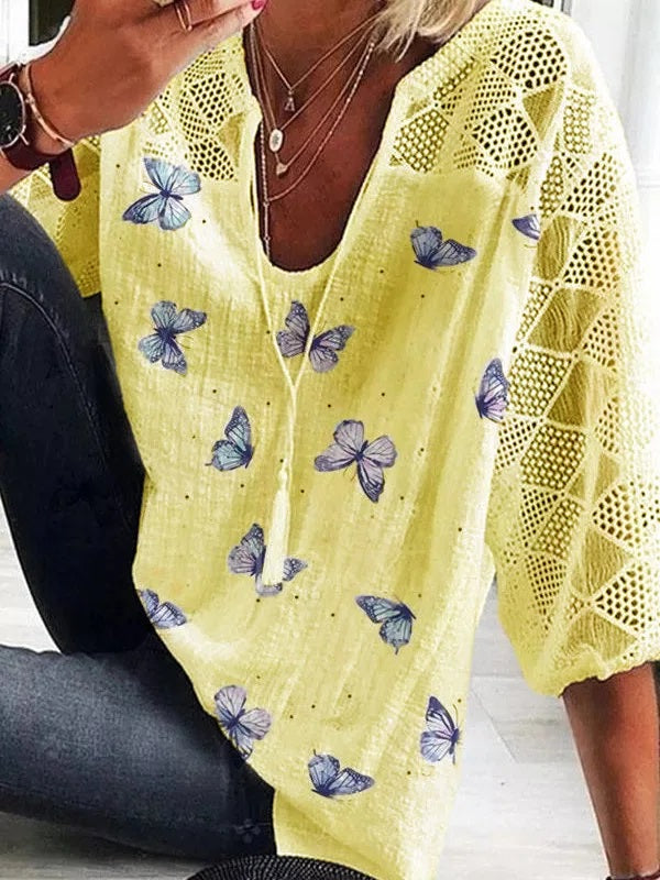 Comfysol Butterfly Printed Floral Short Sleeve V Neck Casual Blouse