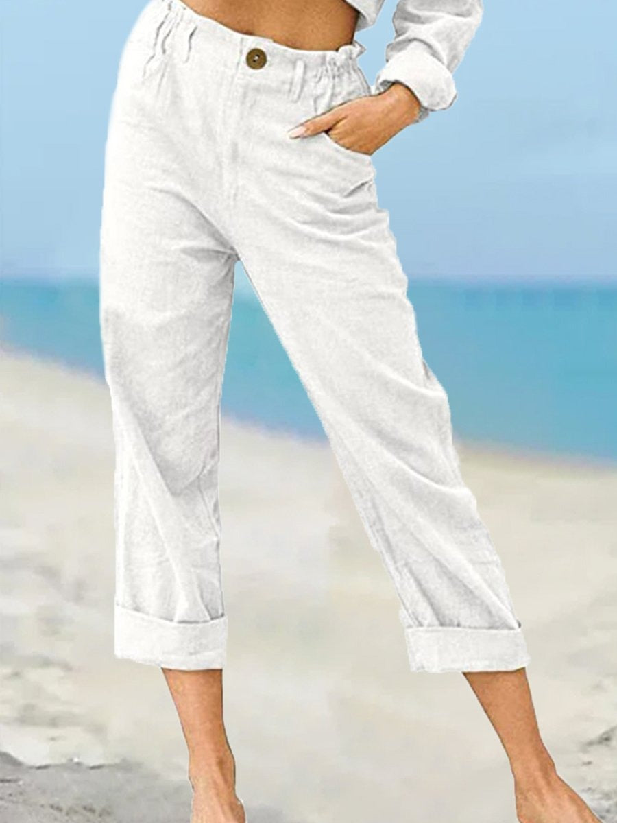 Comfysol White Casual Solid High Waist Pants