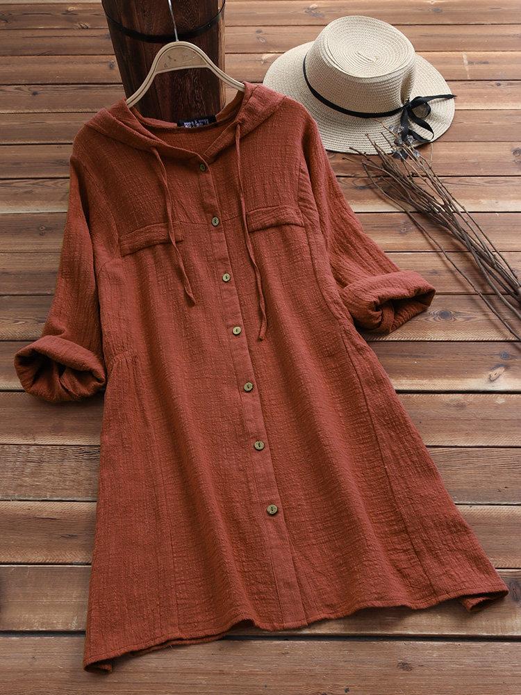 Comfysol Solid Color Drawstring Hooded Long Sleeve Blouse