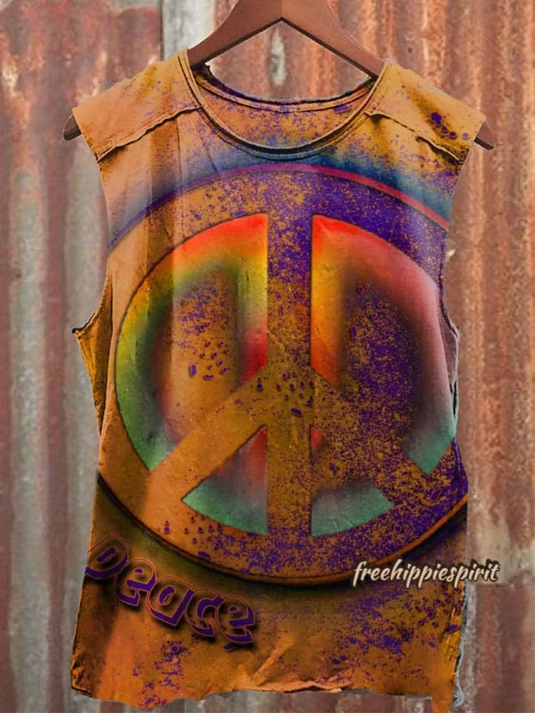 Retro Orange Peace Sign Print 100% Cotton Casual Tank Top