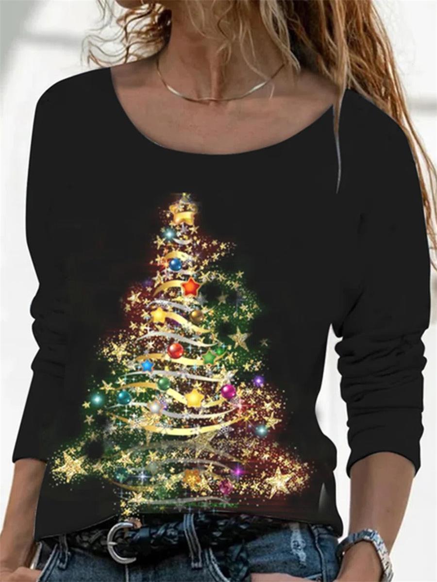 Comfysol Black Casual Graphic Tops Round Neck Christmas Tree Printed Long Sleeve Xmas Sweatshirts