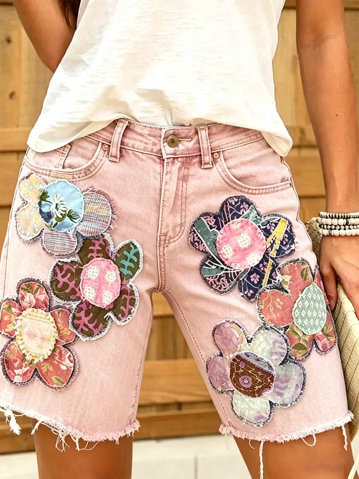 Women Ethnic Floral Print Denim Shorts