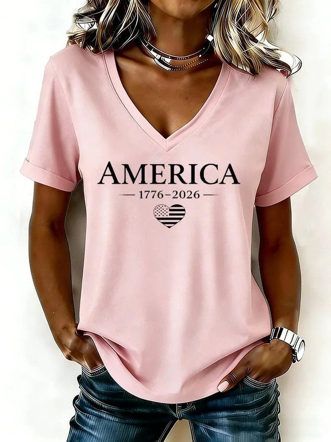Women Letter Pattern Short Sleeve Tee T-shirt V Neck Elegant Summer Top