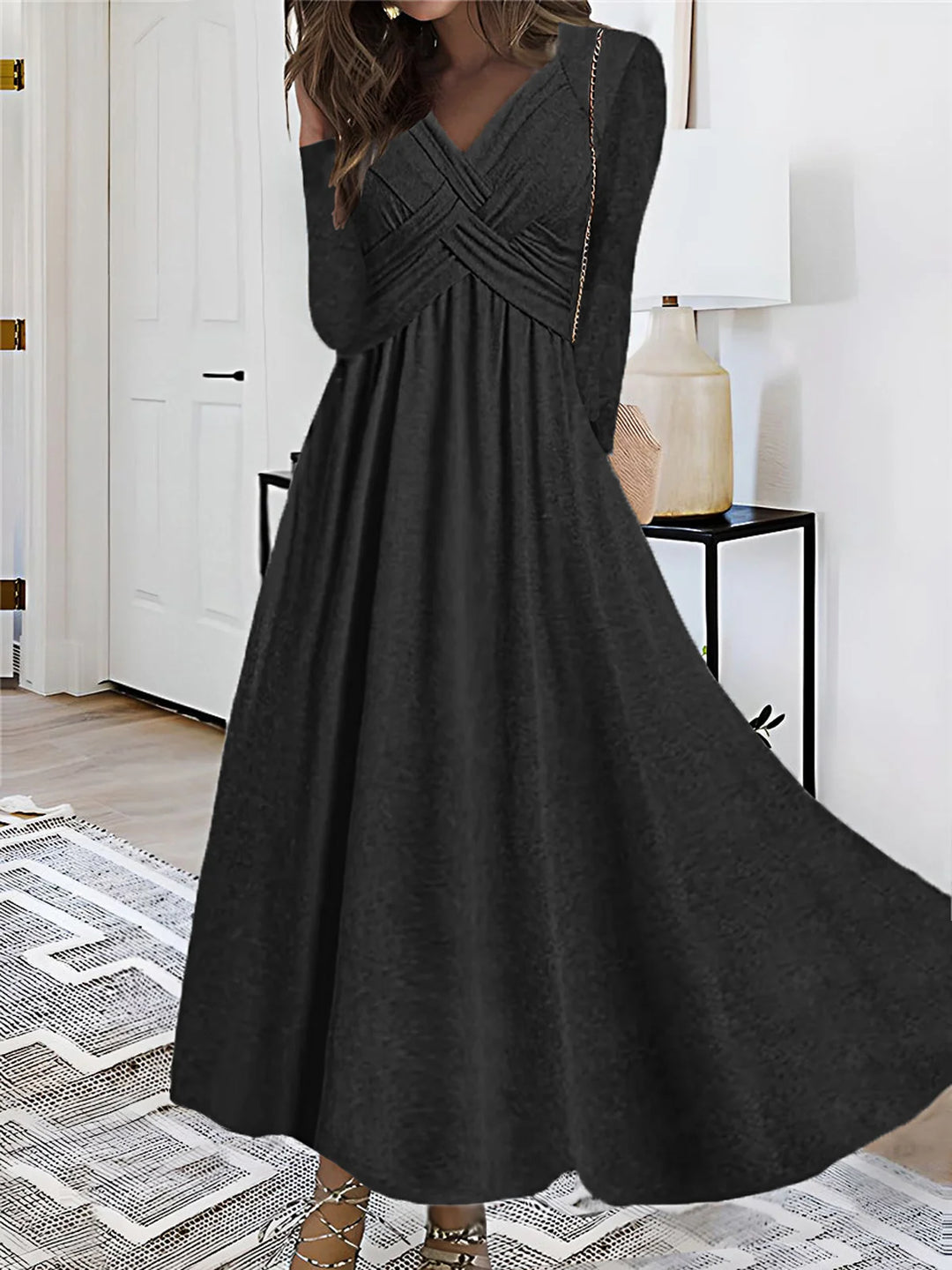 V-Neck Flowy Empire Waist Long Sleeve Dress