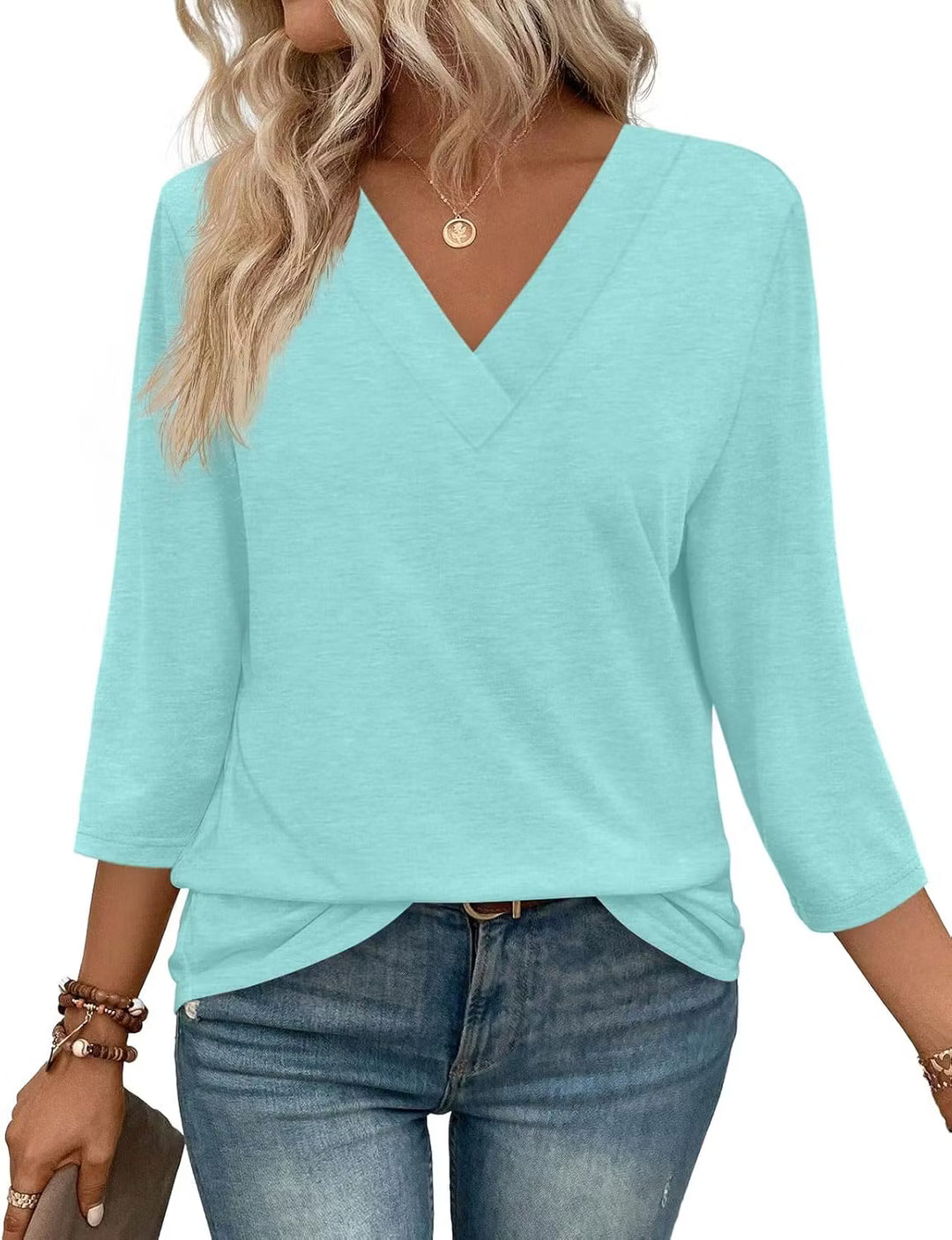 Women's V Neck 3/4 Long Sleeve Loose Fit Tops