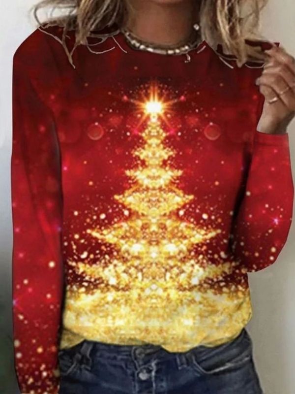 Comfysol Red Casual Graphic Tops Round Neck Long Sleeve Christmas Tree Printed Xmas Sweatshirts