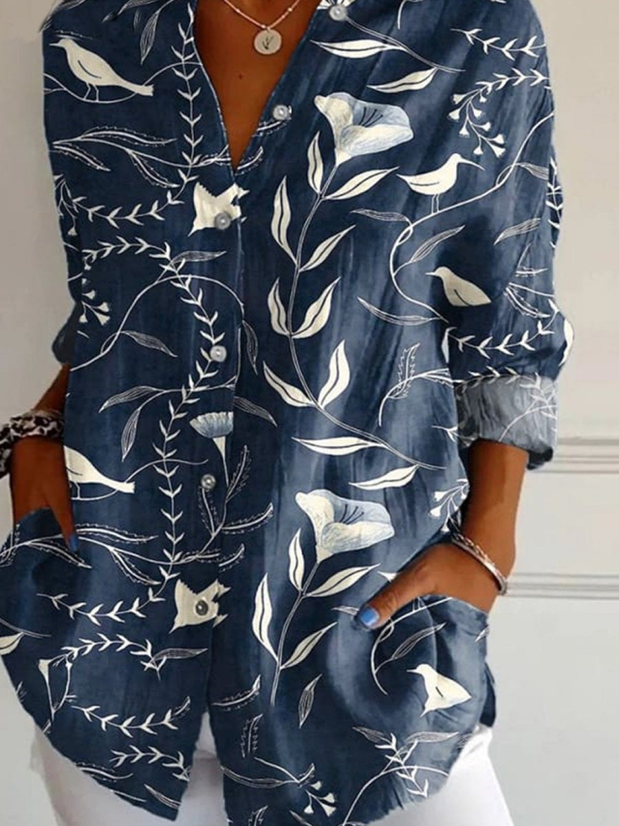 Comfysol Floral Print Shirt Collar Long Sleeve Loose Shirt