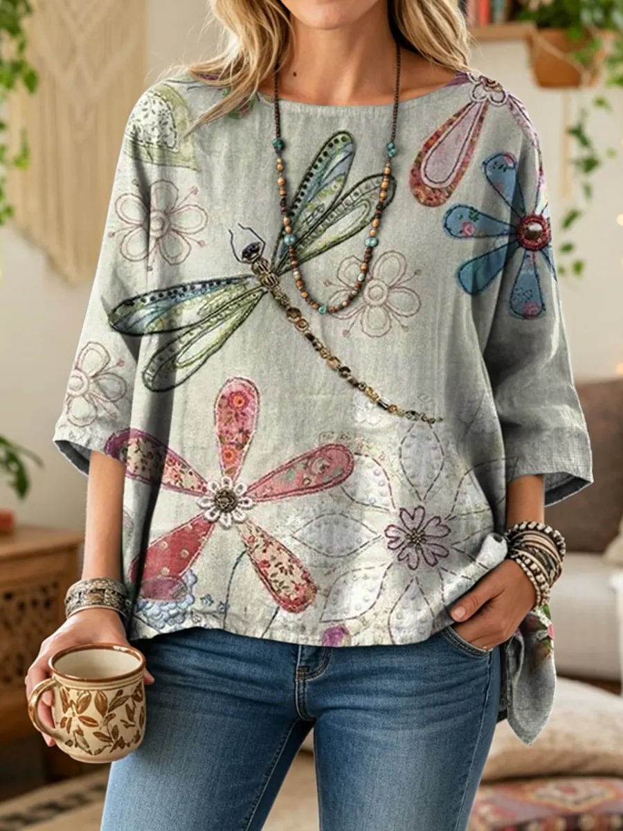 Ethnicity Dragonfly Flowers Women's Art Print Casual 3/4 Sleeve Cotton Top