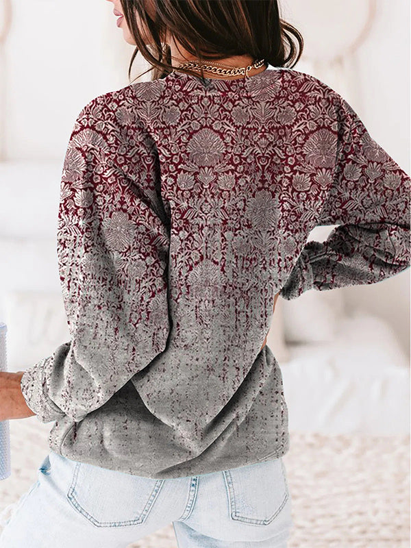 Comfysol Red Casual Graphic Tops Round Neck Long Sleeve Floral Printed Sweatshirts